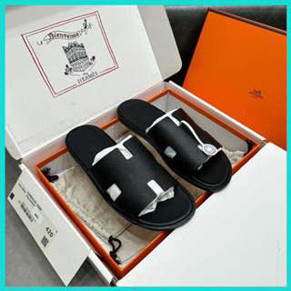 Dép Her.mes nam da đen vân nhám cao cấp, dép HM bản Aut Order mới 100% full box