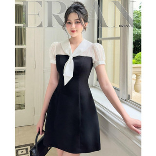 Váy nữ Erian Dress phối sơ mi cổ trắng cà vạt dáng chữ A, Đầm dự tiệc chất vải mềm tôn dáng VVNH062401 