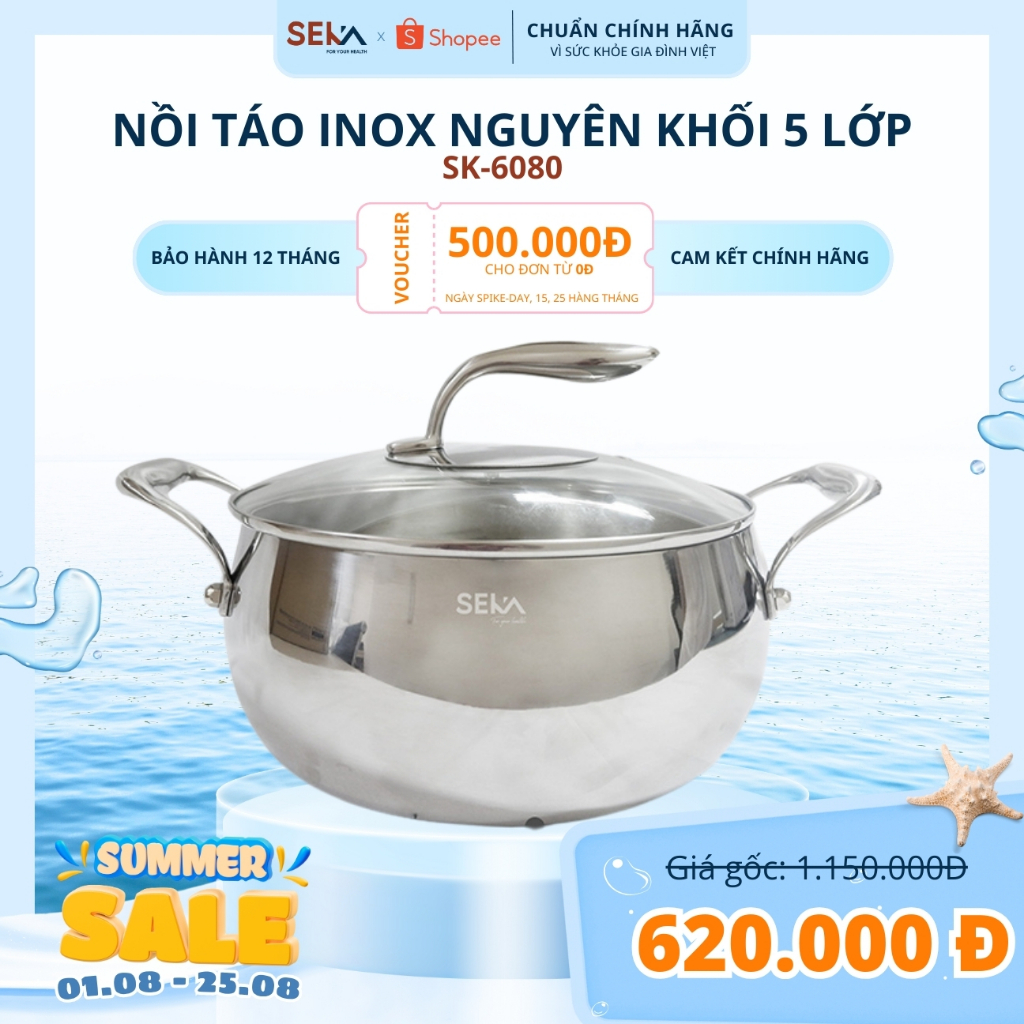 Nồi Inox Nguyên Khối 5 Đáy Từ Đa Năng SEKA SK6080 Hình Quả Táo Dung Tích 4 Lít Dùng Được Mọi Loại Bếp Bảo Hành 12 Tháng