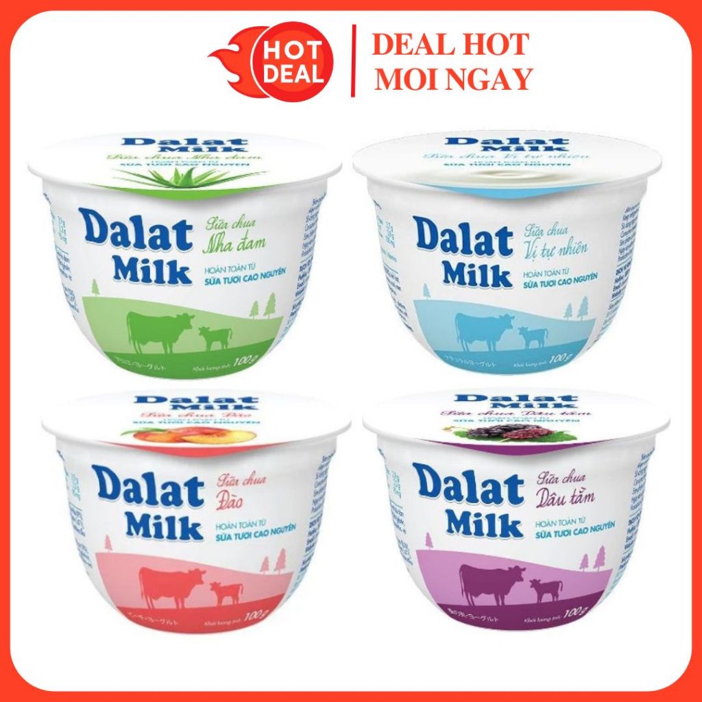 Sữa Chua Ăn Dalat Milk Vị Tự Nhiên/Có Đường/Nha Đam/Táo/Đào/Dâu Hũ 100G