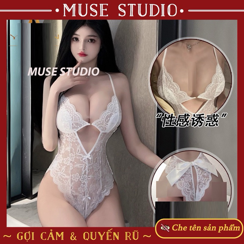 Đồ ngủ sexy, bodysuit ren mềm xuyên thấu cài ngực trước, có đệm ngực, nơ lụa đằng sau xẻ đáy quyến rũ | BigBuy360 - bigbuy360.vn