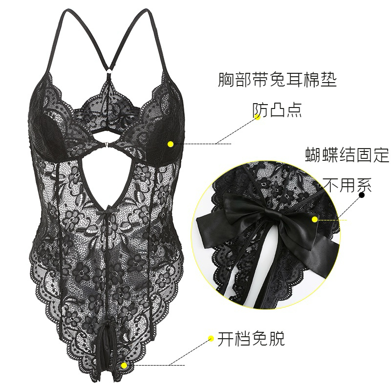 Đồ ngủ sexy, bodysuit ren mềm xuyên thấu cài ngực trước, có đệm ngực, nơ lụa đằng sau xẻ đáy quyến rũ | BigBuy360 - bigbuy360.vn