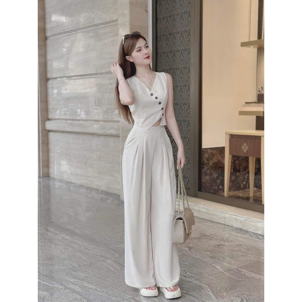 Sét bộ thời trang nữ đi chơi chất cotton lạnh cổ tròn không tay dáng quần lưng thun ống đứng phối tú