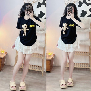 ÁO THUN UNISEX IN CHỮ DREWWW ĐÍNH GẤU CHÂN DÀI