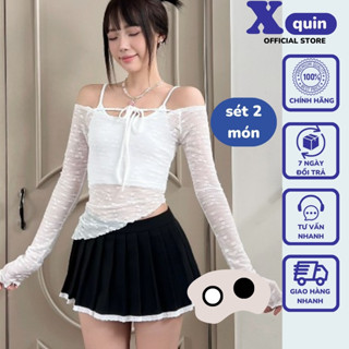 Áo trễ vai ren tay dài vạt chéo cột nơ kèm áo hai dây Xquin, Sét áo 2 món tay dài chất vải ren phong cách sexy
