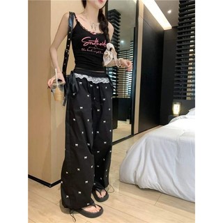 Set áo hai dây kèm quần ống rộng suông phối nơ ren hotfrend mùa hè