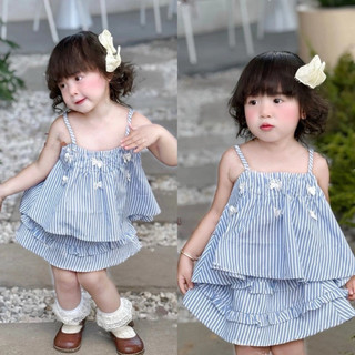 Set áo dây chân váy kẻ xanh bé gái
