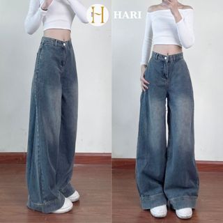 Quần jeans suông ống rộng Hari màu xanh retro