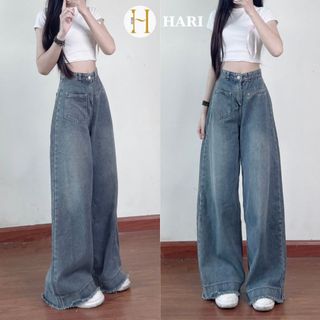 Quần Jean Nữ Ống Rộng Hari Lưng Cao Phối Tua Rua