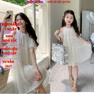 Váy đôi mẹ bé, đầm đôi mẹ bé gái cổ yếm rớt vai có nơ sau fom dáng maxi chất mát mẻ hàng thiết kế 2 lớp