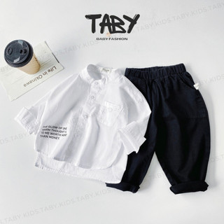  Set bộ sơ mi trắng cổ tàu in chữ cách điệu chất liệu thô Hàn mềm mại thoáng mát cho bé từ 9-25kg TA294