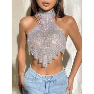  148 - Áo Cổ Yếm croptop hai dây đính đá - Áo bling bling - Áo Kim Sa 