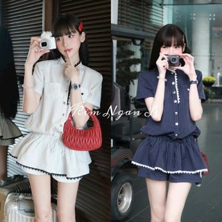  Set bộ thời trang nữ áo tay ngắn cổ tròn mix quần giả váy chất kaki sọc thiết kế 2 màu xinh xắn nữ tính 