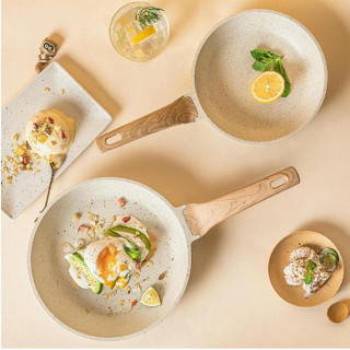 Chảo Chống Dính Bếp Từ Vân Đá Kiểu Nhật, Chảo Chống Dính Đáy Từ Ceramic Cán Gỗ Thiết Kế Sang Trọng