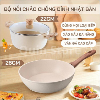 Combo Nồi Và Chảo Nhật Chống Dính Đáy Từ Ceramic Cán Gỗ Thiết Kế Sang Trọng Có Thể Dùng Cho Mọi Bếp