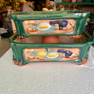 Chậu gốm chữ nhật hoa văn nổi cho bonsai, mai, cây cảnh, chậu dày cao cấp