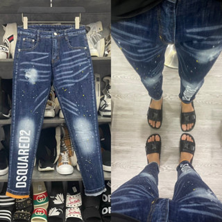  Quần jean bò nam Dsq2 biker slimfit xanh kẻ bạc vảy sơn rách in chữ Dsquared2 dọc ống khoá lệch  QQ dsq2 Dọc ống chân 