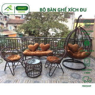 Bộ full combo SmartHomes bàn ghế xích đu giả mây khung thép decor ban công sân vườn phòng khách