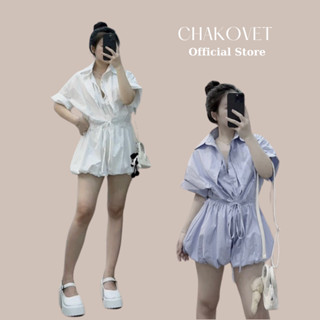 Jumpsuits liền quần dáng bí phồng Chakovet áo cổ sơ mi tay ngắn 2 vạt dây rút eo phong cách trẻ trung cực xinh  S5018