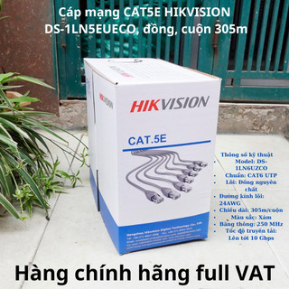 Cáp mạng đồng nguyên chất  Cat 5E UTP Hikvision , Model DS-1LN5EUECO  chính hãng, cuộn 305m