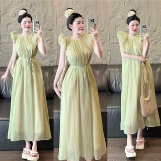 Đầm midi xanh cột eo tay tiên