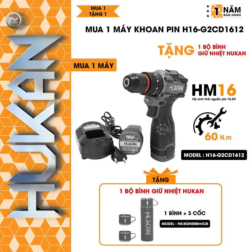 [TẶNG+BGN500mlCB] Máy khoan pin HUKAN H16-G2CD1612, 3 Chức năng, Có khóa trục, 20 cấp trượt, Lực siế