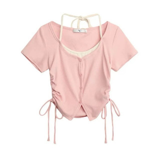 Áo croptop rút dây phối yếm hồng đen xám chất thun tăm VANISA CT070