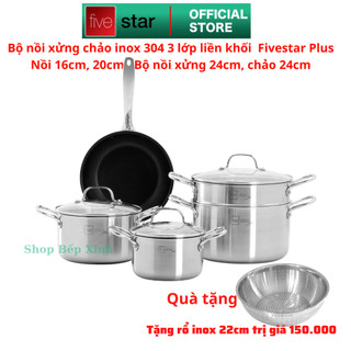 Bộ nồi chảo 3 lớp đúc liền khối inox 304 cao cấp Fivestar Plus nắp kính , dùng được mọi bếp , bảo hành 25 năm