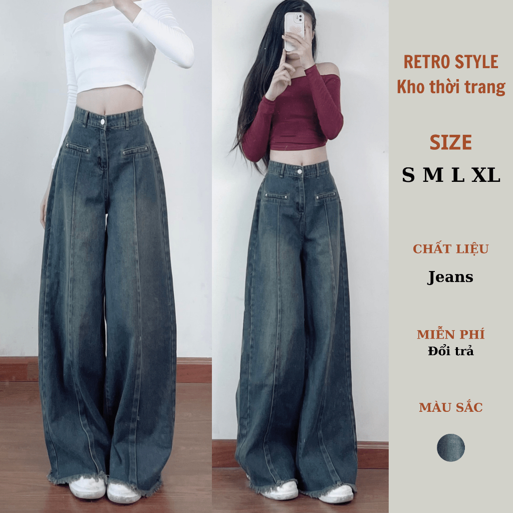 Quần jeans dài ôm eo màu đậm Retrostyle quần bò ống rộng viền thô cổ điển cạp cao