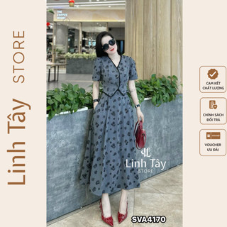 Set váy họa tiết hoa áo phối viền chân váy xòe chất liệu kẻ hàn cao cấp linh tây store sva4170