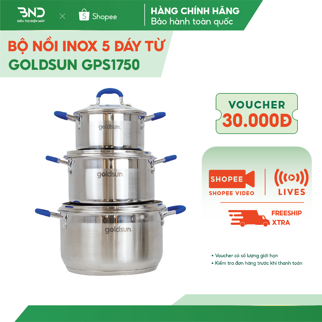 Bộ nồi bếp từ Goldsun GPS1750-S - Bộ 3 nồi inox đáy 5 lớp size 16,20,24cm truyền nhiệt nhanh sử dụng