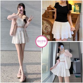 Chân váy bèo 2 tầng dáng xòe chất đũi gân phong cách trẻ trung dễ thương chân váy midi dáng ngắn xếp tầng