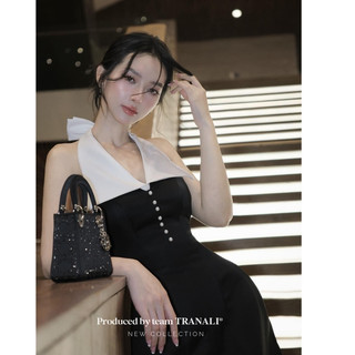 Đầm váy phối màu đen trắng đính nơ sau hở lưng ngọc thiết kế dáng ngắn chiết eo sang chảnh , đầm dự tiệc hở lưng TỰ MAY