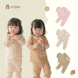 Bộ Dài Tay Thu Đông Embes Cổ Phối Viền Ren Hai Khuy Cho Bé Gái Chất Cotton Mềm Mịn Size Từ 8kg-17kg