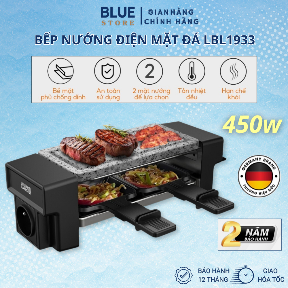 Bếp Nướng Điện Mặt Đá Lebenlang LBL1933 Công Suất 450W, Kèm 2 Chảo, Bếp Nướng Không Khói,Bề Mặt Chống Dính Tản Nhiệt Đều