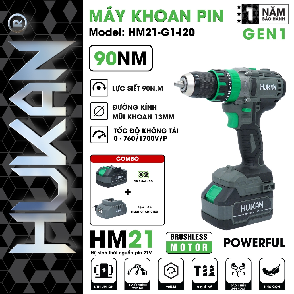 Máy khoan pin HUKAN HM21-G1-I20, BRUSHLESS MOTOR Lực siết 90Nm, 3 chức năng, Đầu autolock, Điện thế 
