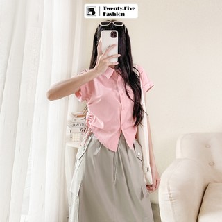 Áo sơ mi nữ ngắn tay croptop nhún rút sườn vải thô cotton 6018