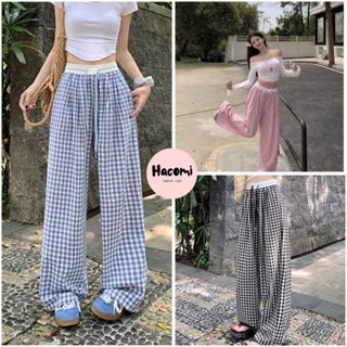Quần ống rộng kẻ caro phối cạp trắng có dây rút siêu hot
