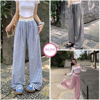 Quần ống rộng kẻ caro phối cạp trắng có dây rút, Quần cap trắng ống rộng họa tiết kẻ caro siêu hot