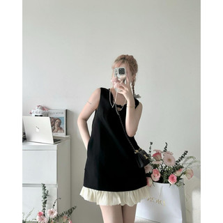 Florence- Đầm đen suông tùng nhúng bèo trắng phối nơ