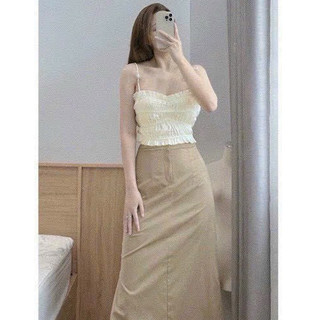 Set áo hai dây bo chun kèm chân váy dài kaki tc10