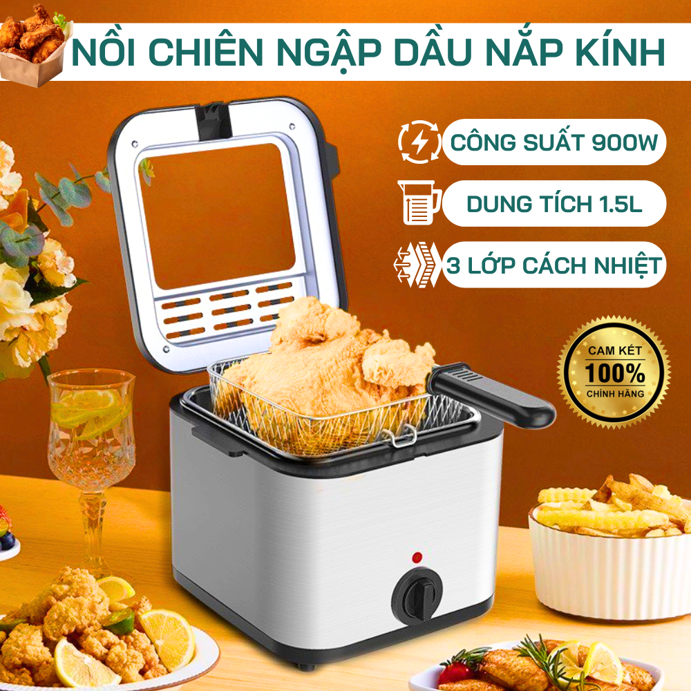 Nồi Chiên Ngập Dầu Mini Chính Hãng 1.5L 900W, Nắp Kính Ngăn Bắn, Chiên Nhúng Điện Deep Fryer - BH 24 Tháng
