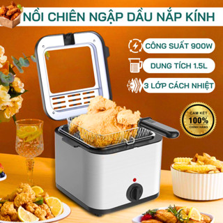 Nồi Chiên Ngập Dầu Mini Chính Hãng 1.5L 900W, Nắp Kính Ngăn Bắn, Chiên Nhúng Điện Deep Fryer - BH 24 Tháng