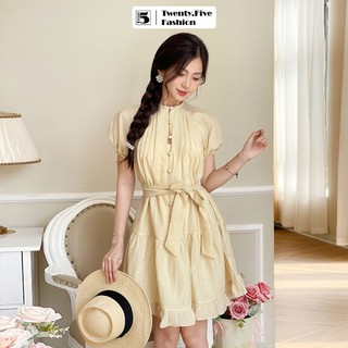 Đầm nữ Twentyfive dáng xòe ngắn bèo gấu, cài cúc thắt dây eo DH24