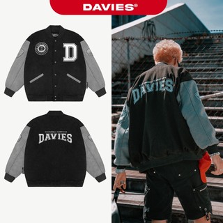 Varsity jacket cổ bẻ DAVIES kaki, nỉ màu đen phối tay xám logo thêu form rộng 2 lớp Baseball Academy local brand