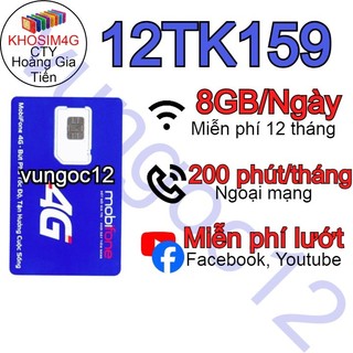 Sim 4G MOBI 12TK159 12MDT50 KM 150GB/T MDT150 LOCAL  12A500 KM 14THÁNG K GIỚI HNẠ DATA