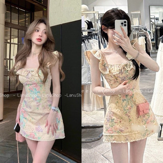 [Lanu Sẵn] Đầm thêu hoa Sịn sò Màu Ngọt tiểu thư, Đầm trễ vai chun Viền Ren 2 lớp
