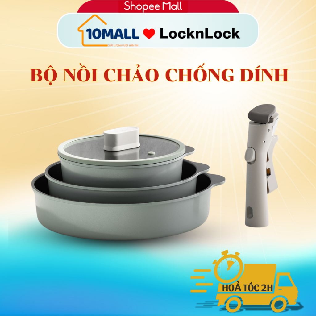 Bộ nồi chảo chống dính cao cấp LocknLock tay cầm tháo rời 18cm 22cm 26cm SDE1181IHS01 -10MALL