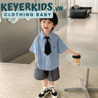 Sét sơ mi ngắn tay kèm caravat Keyer Kid, Áo kate Hàn+ Quần Sooc kaki mềm cho bé đi chơi, đi tiệc