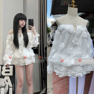 [SAng Chảnh] Áo váy 2 Lớp Hoa Nổi 3 Màu Kèm quần Lót, Áo Trễ Vai Bông hồng Sịn sò Tiểu thư LanuShop